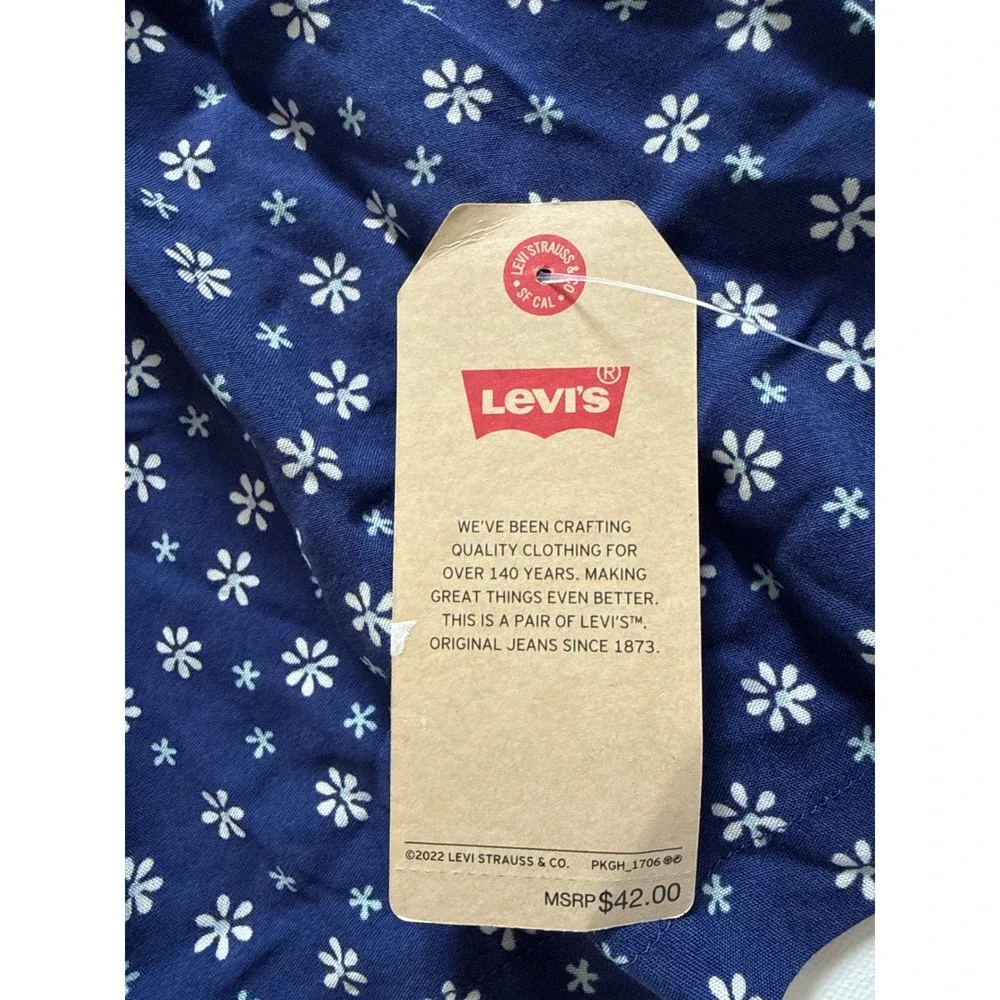 Levis Girls Navy Blue Floral Daisy Puff Sleeve Square Neck Blouse Top M 10-12Y